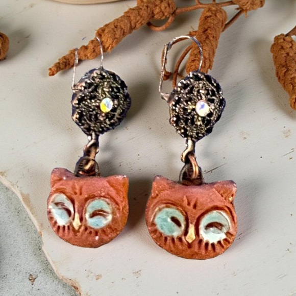 Handmade Owl earrings with rhinestones  Handcrafted NWT - Picture 5 of 10